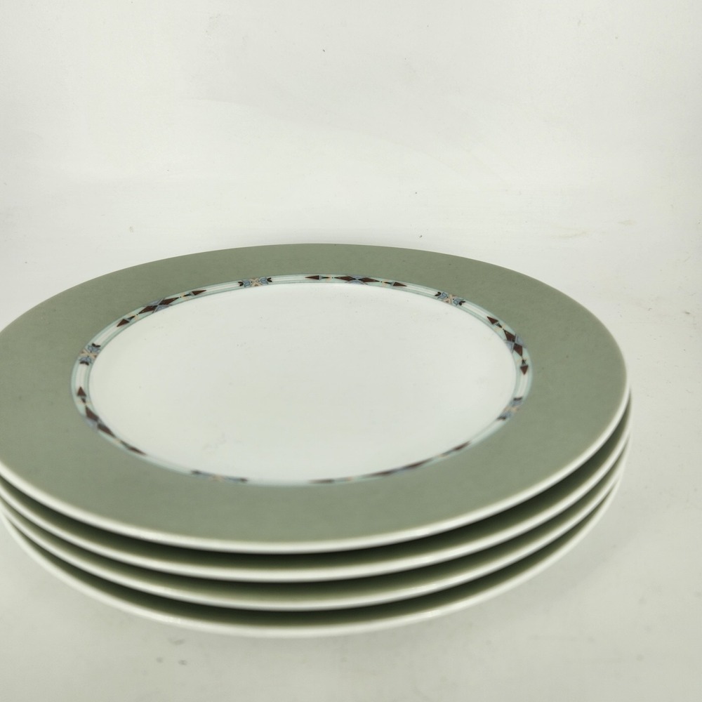 4 Spode FORMAL DECO Pastel‎ Geometric Band Sage Green Border 7.35" Salad Plates